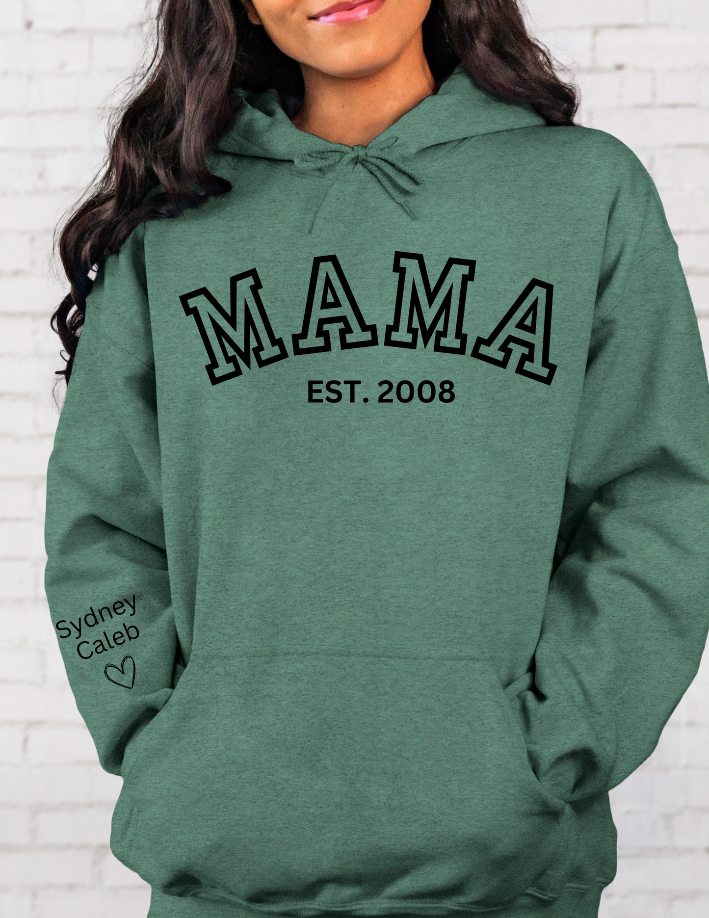 CUSTOM Hooded Sweatshirt: Varsity Lettering and Established Year with Sleeve Names