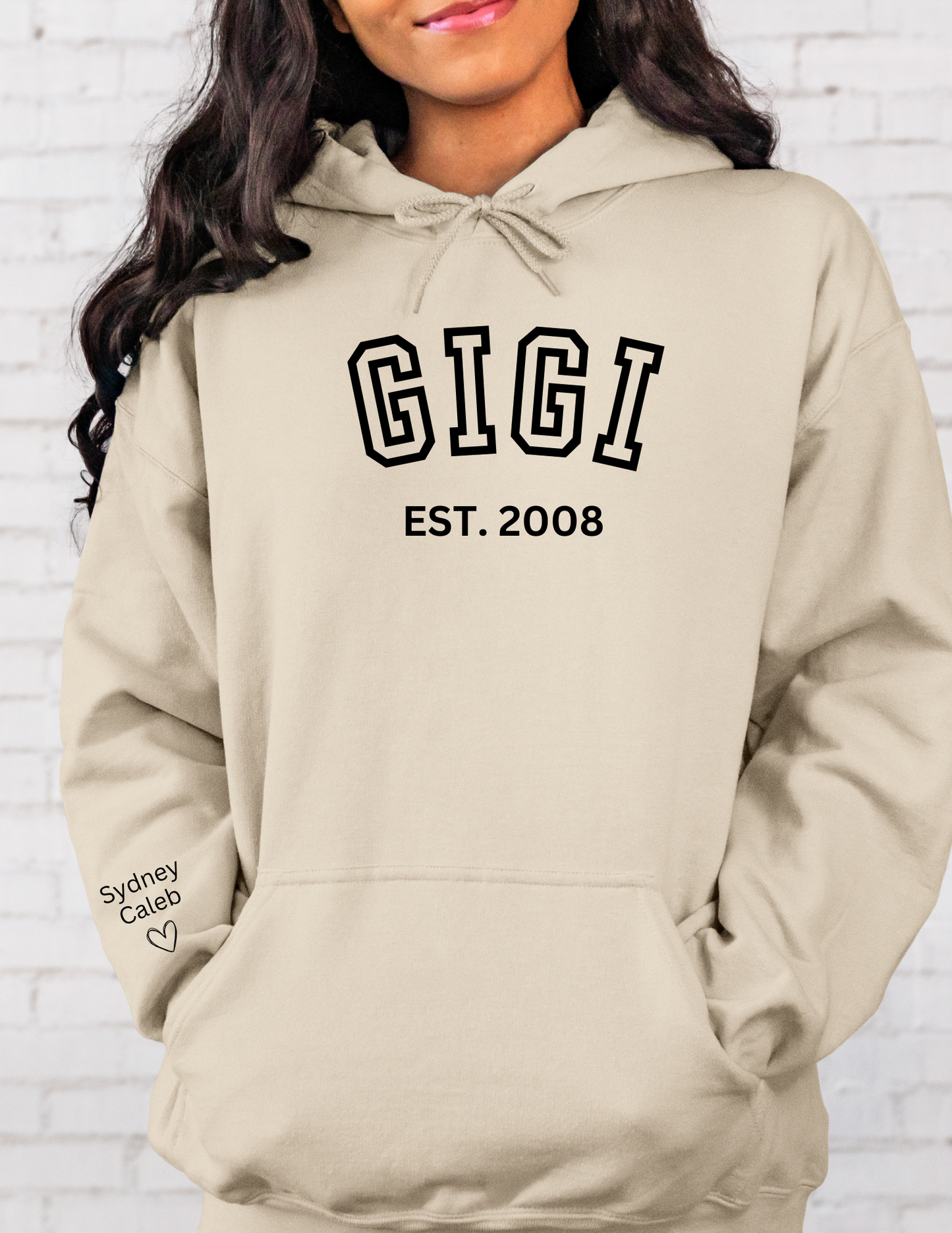 CUSTOM Hooded Sweatshirt: Varsity Lettering and Established Year with Sleeve Names