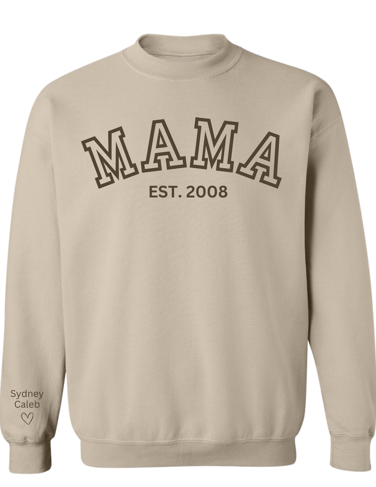 CUSTOM Crewneck Sweatshirt: Varsity Lettering and Established Year with Sleeve Names