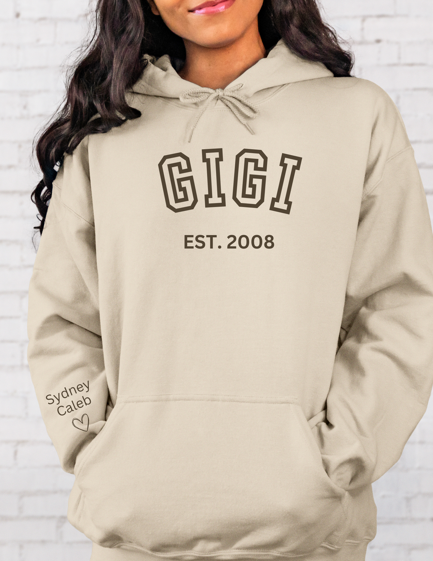 CUSTOM Hooded Sweatshirt: Varsity Lettering and Established Year with Sleeve Names