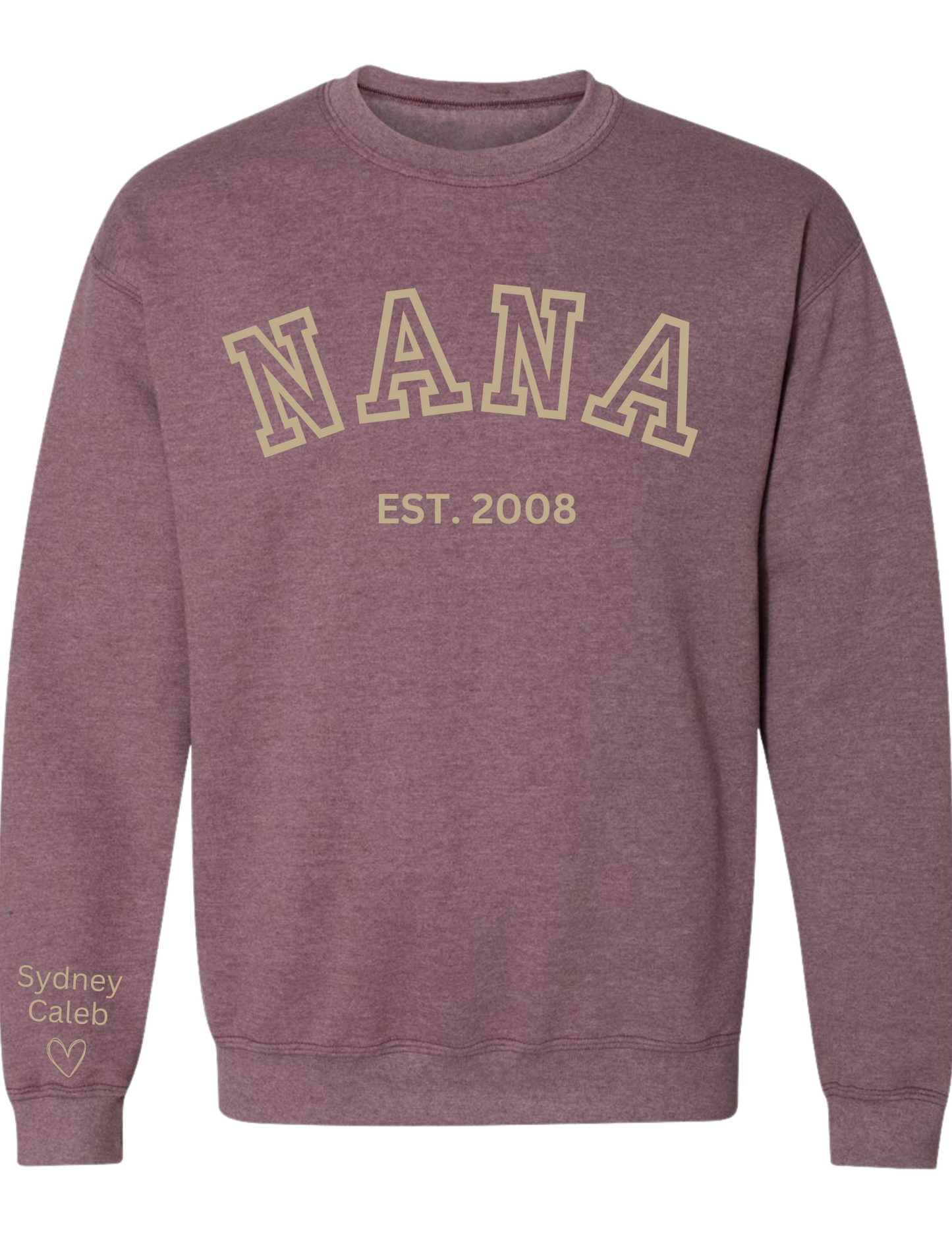 CUSTOM Crewneck Sweatshirt: Varsity Lettering and Established Year with Sleeve Names