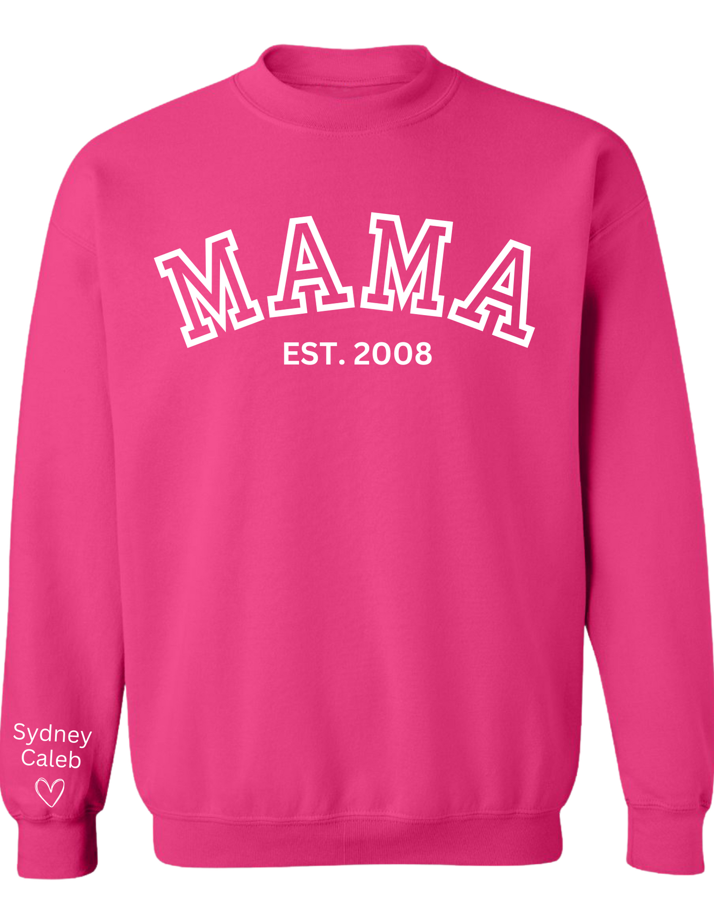 CUSTOM Crewneck Sweatshirt: Varsity Lettering and Established Year with Sleeve Names
