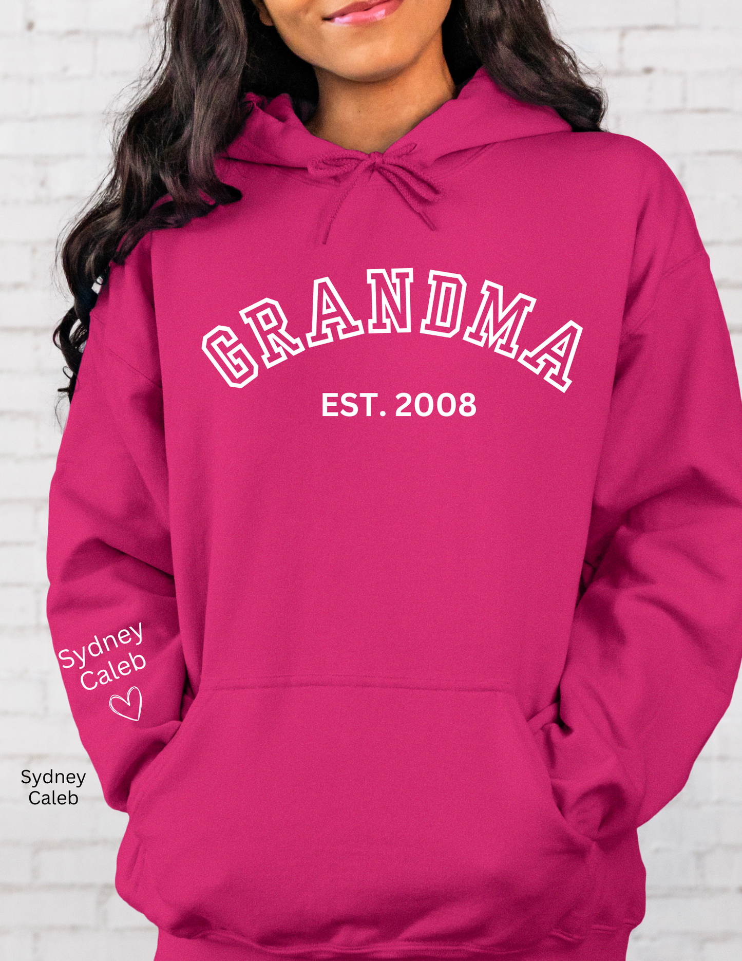 CUSTOM Hooded Sweatshirt: Varsity Lettering and Established Year with Sleeve Names