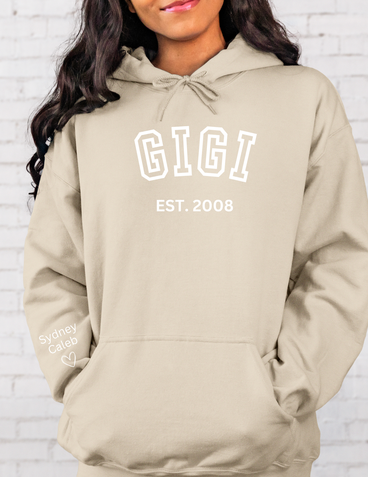 CUSTOM Hooded Sweatshirt: Varsity Lettering and Established Year with Sleeve Names