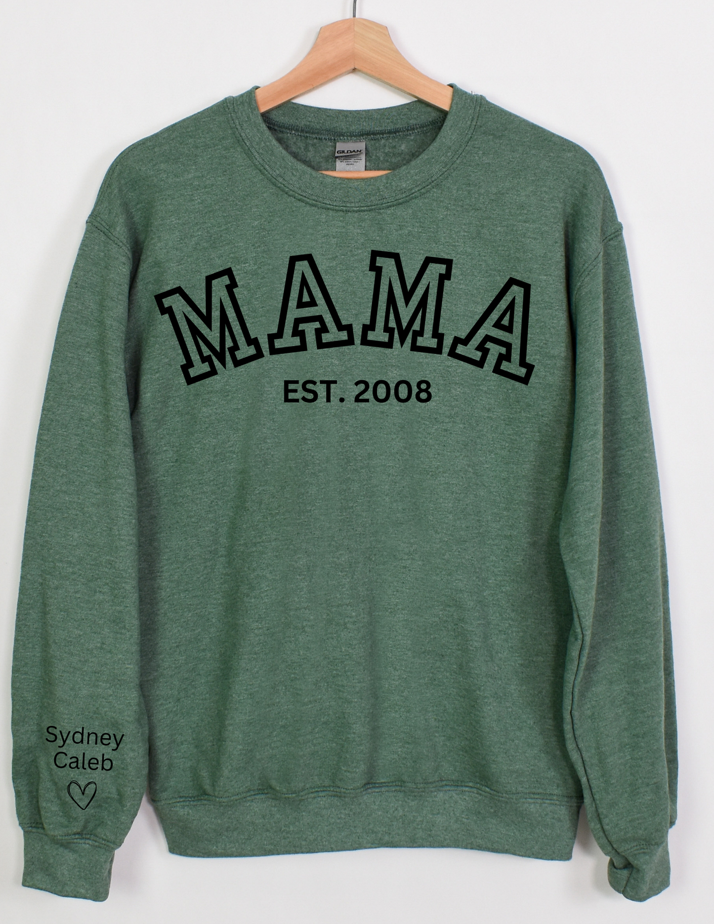 CUSTOM Crewneck Sweatshirt:  Varsity Lettering and Established Year with Sleeve Names