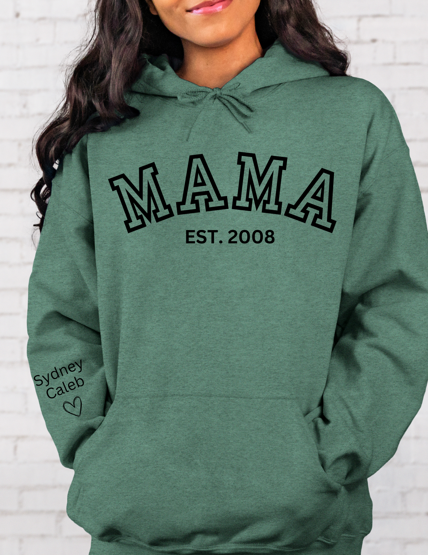 CUSTOM Hooded Sweatshirt:  Varsity Lettering and Established Year with Sleeve Names