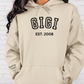 CUSTOM Hooded Sweatshirt:  Varsity Lettering and Established Year with Sleeve Names