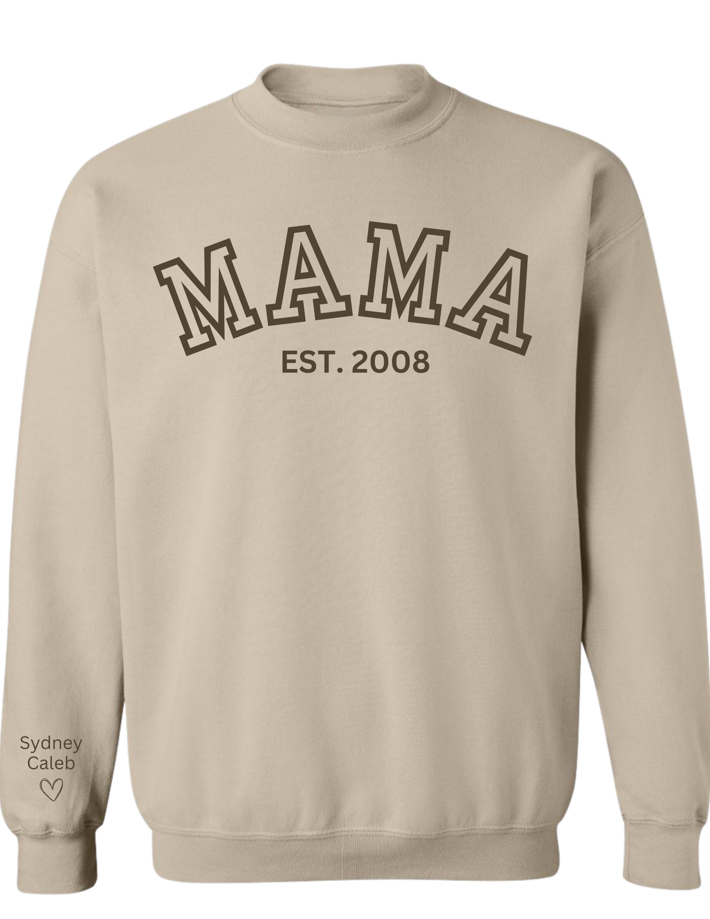 CUSTOM Crewneck Sweatshirt:  Varsity Lettering and Established Year with Sleeve Names