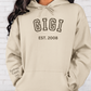 CUSTOM Hooded Sweatshirt:  Varsity Lettering and Established Year with Sleeve Names