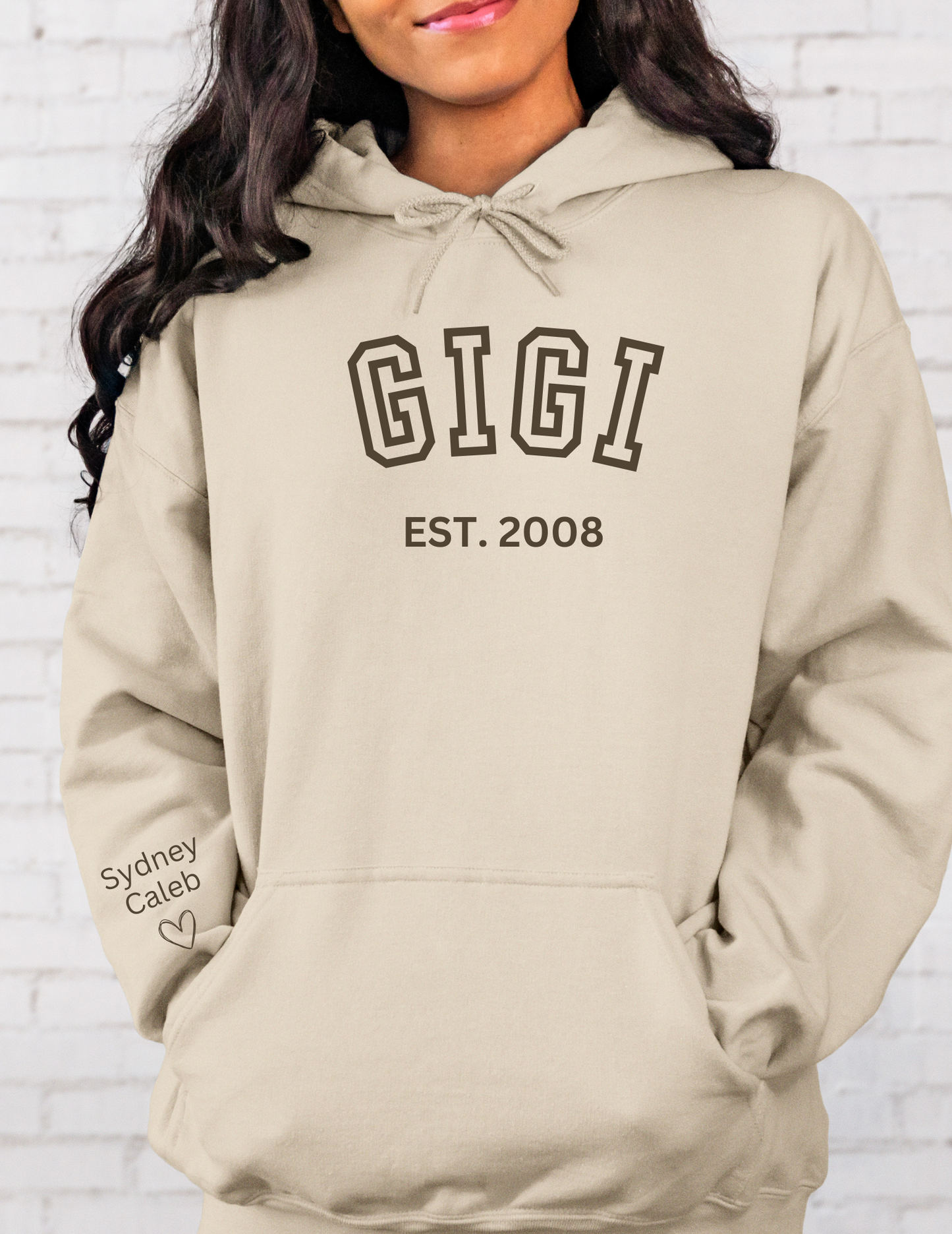 CUSTOM Hooded Sweatshirt:  Varsity Lettering and Established Year with Sleeve Names