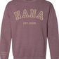 CUSTOM Crewneck Sweatshirt:  Varsity Lettering and Established Year with Sleeve Names