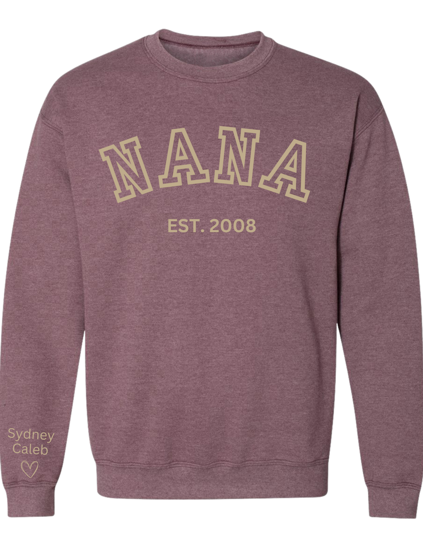 CUSTOM Crewneck Sweatshirt:  Varsity Lettering and Established Year with Sleeve Names