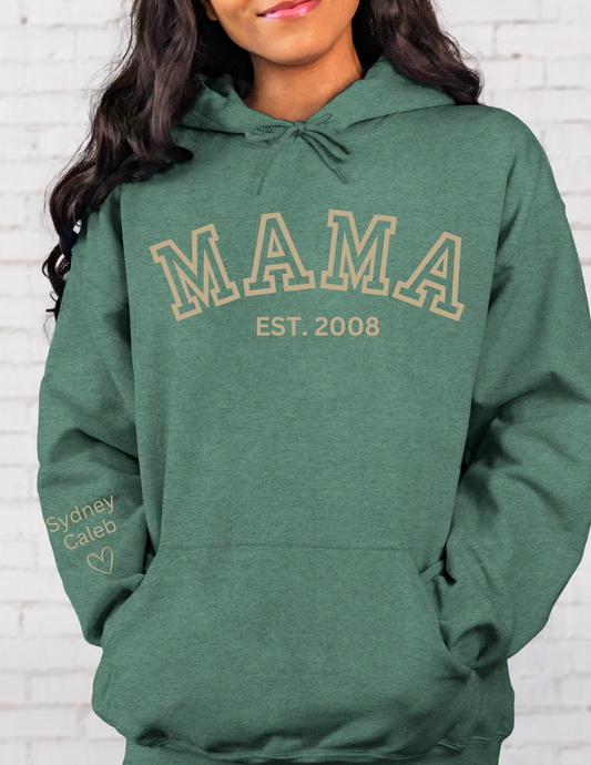 CUSTOM Hooded Sweatshirt:  Varsity Lettering and Established Year with Sleeve Names