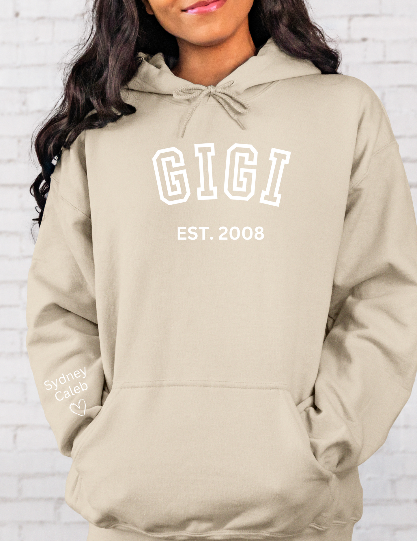 CUSTOM Hooded Sweatshirt:  Varsity Lettering and Established Year with Sleeve Names