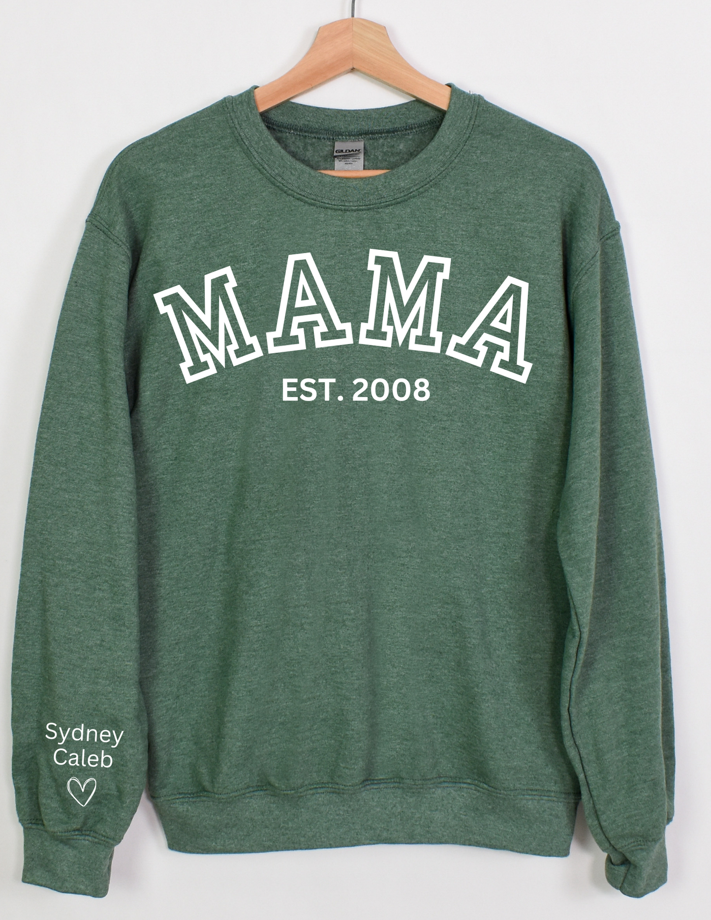 CUSTOM Crewneck Sweatshirt:  Varsity Lettering and Established Year with Sleeve Names