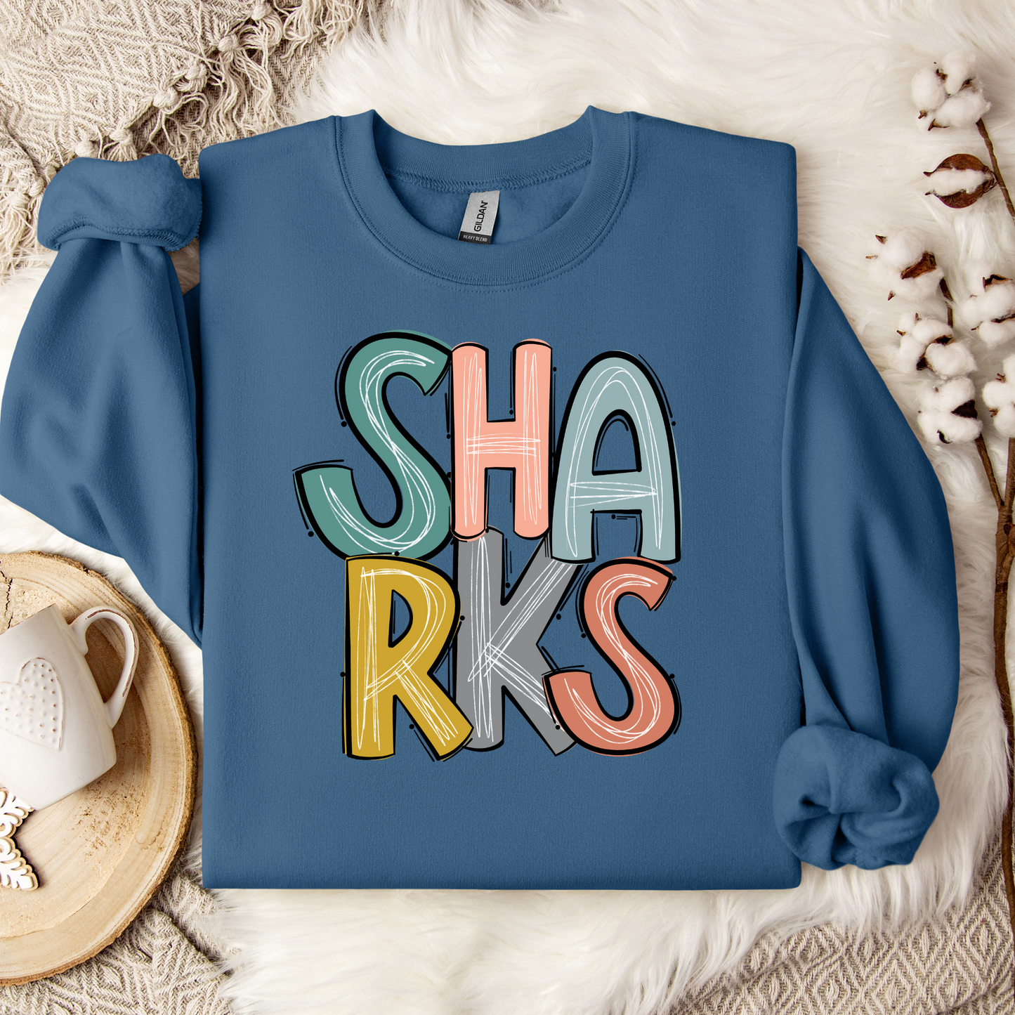 SHARKS Stacked Doodle Letters Crewneck