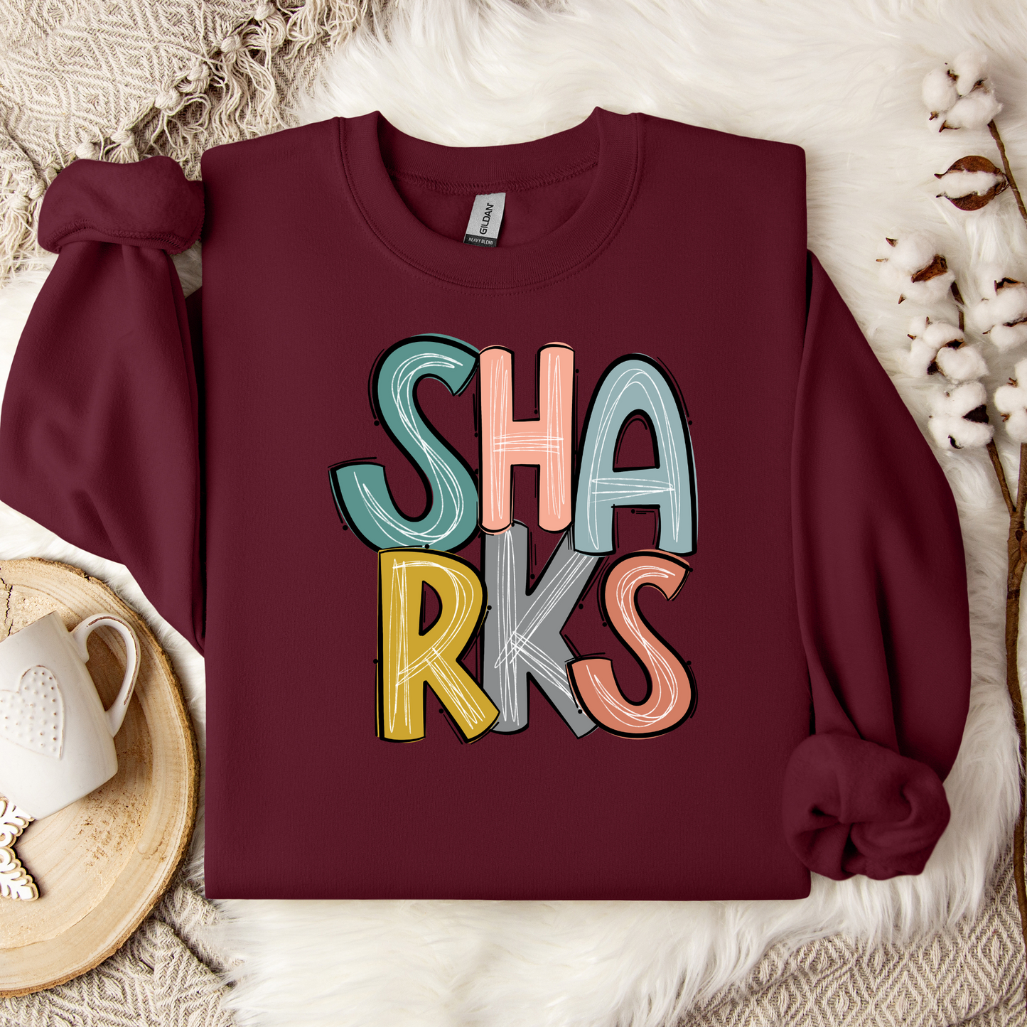 SHARKS Stacked Doodle Letters Crewneck