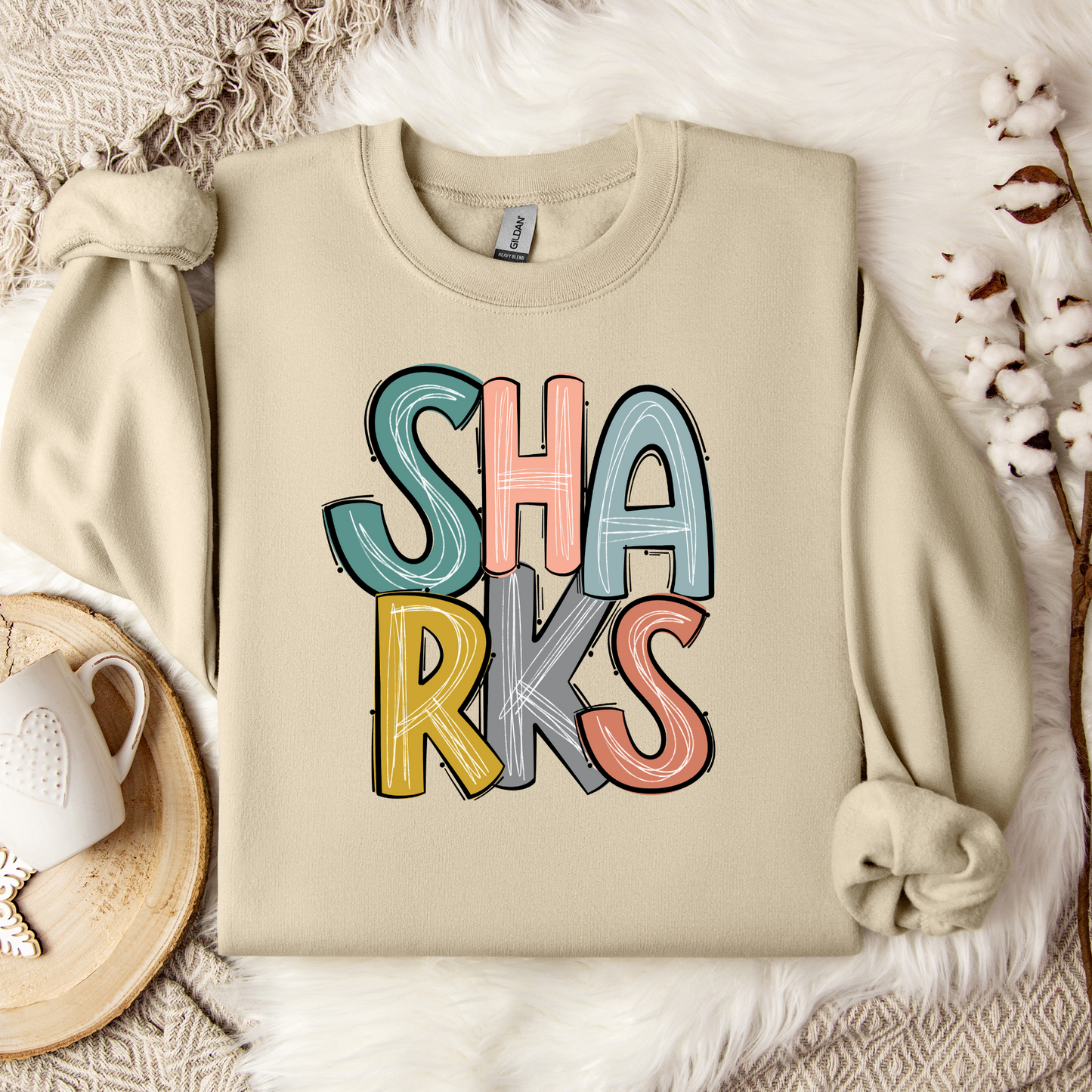 SHARKS Stacked Doodle Letters Crewneck