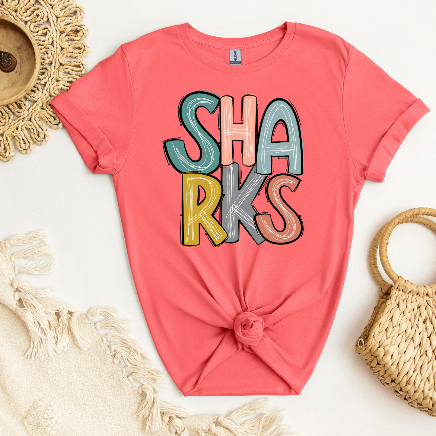 SHARKS Stacked Doodle Letters Tee