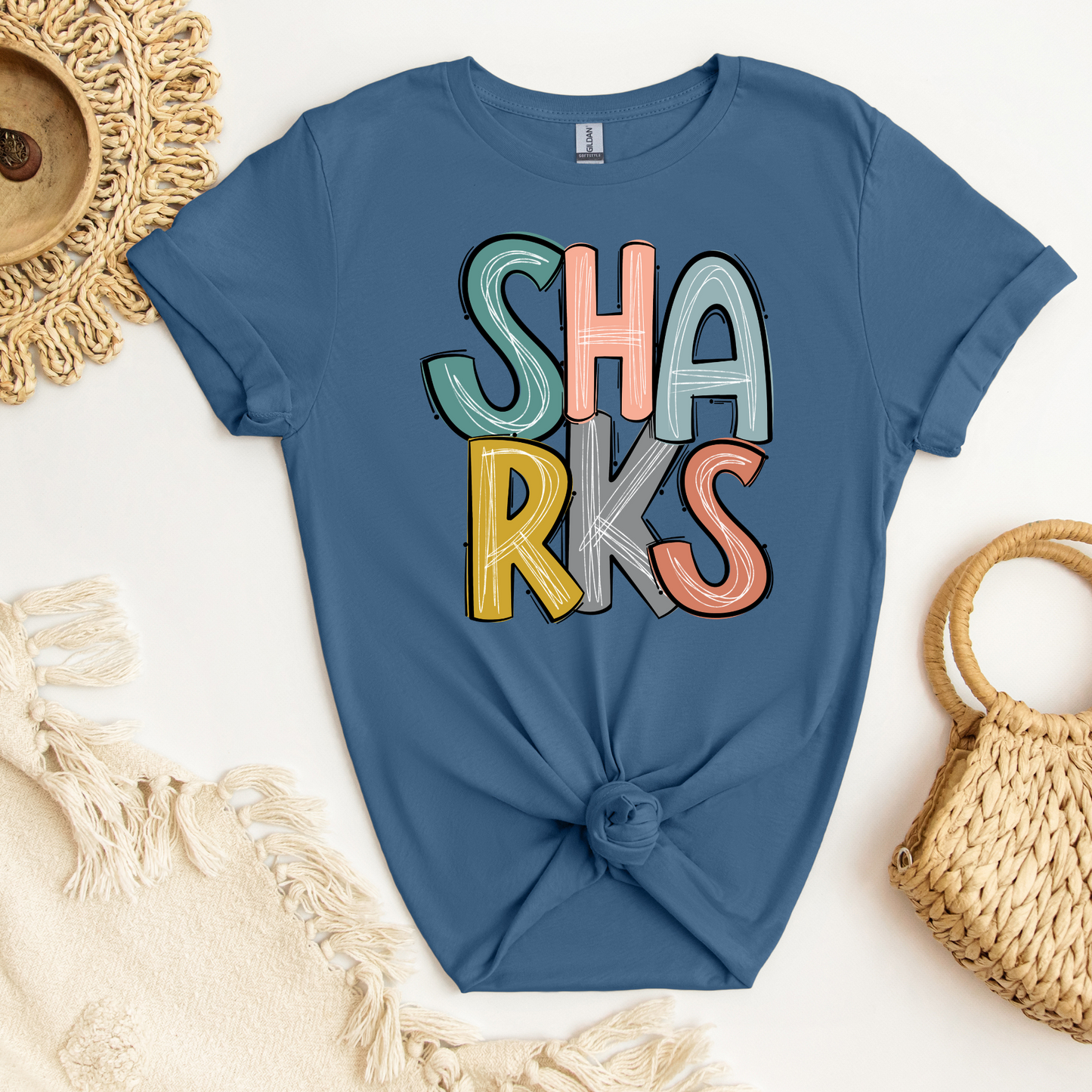 SHARKS Stacked Doodle Letters Tee