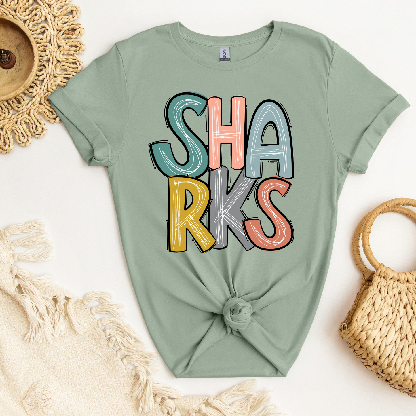 SHARKS Stacked Doodle Letters Tee