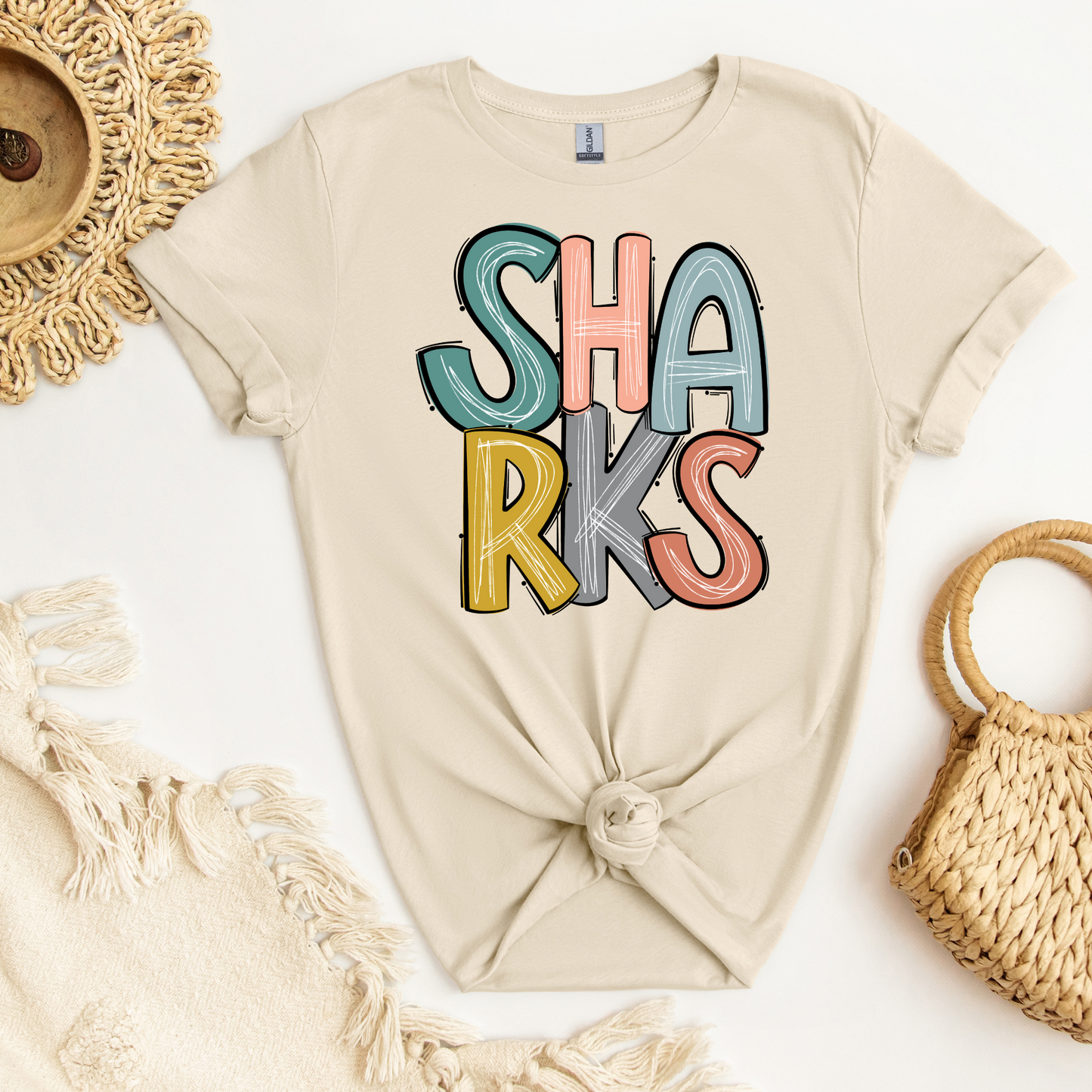 SHARKS Stacked Doodle Letters Tee